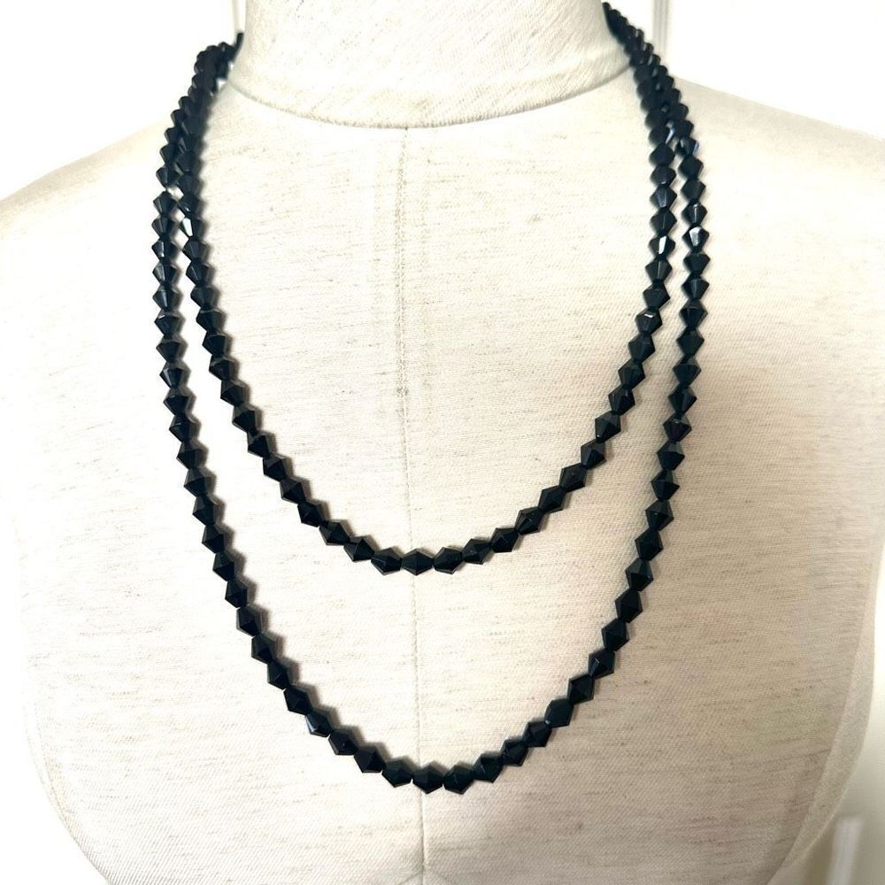 Long vintage black beaded necklace